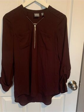Soho Wine Zip-Front Long-Sleeve Blouse